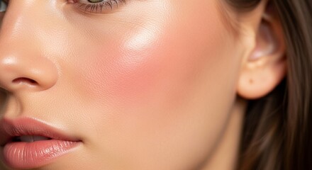 Fototapeta premium Stunning beauty portrait of a woman with flawless, glowing skin, highlighting her cheekbones with a natural pink blush