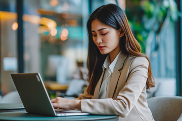 Young Asian entrepreneur working on laptop in home setting