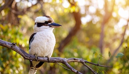 A Kookaburra bird perched on a branch, captured in a natural light setting, perfect for a wildlife or nature-themed design