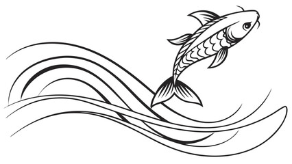 Obraz premium Jumping Koi Fish Vector Illustration: Minimalist Water Wave Design Japanese Style Monochromatic Artwork