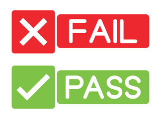 Pass and Fail Stamp Icon Set – Green Check Mark and Red Cross Symbols for Quality Control and Approval, vector illustration.