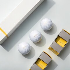 Minimalist flat lay of white spheres and yellow packaged items on a light background