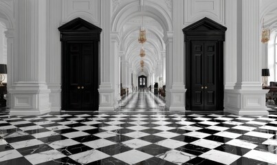 Grand white hallway with black doors and checkered marble floor