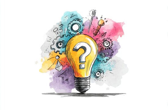 Hand-drawn lightbulb with question mark, surrounded by gears and abstract shapes