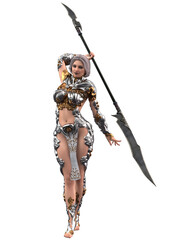 3D illustration of a fierce female warrior in elaborate silver and gold armor, wielding a fantasy sword in a dynamic battle stance. A powerful character in a fantasy setting.