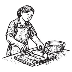 Vintage Black and White Woman Cooking in Kitchen Illustration