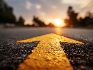 Yellow Arrow Road Marking at Sunset