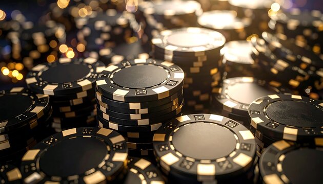 Close-up of many black poker chips