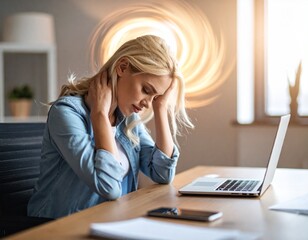 Stressed woman at desk with swirling thought cloud, conveying mental fatigue and work-related pressure.