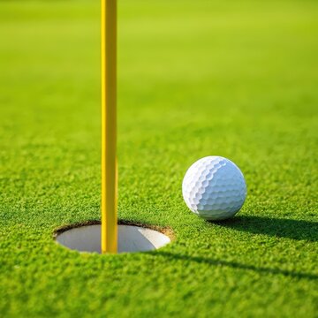 Golf ball resting on a vibrant green golf course next to the hole and flag