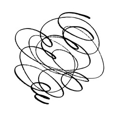 手描きのスパイラル線と混乱の落書き風背景素材（黒・チョーク風・抽象グランジスタイル）ぐちゃぐちゃに絡まった線のイラスト。モヤモヤ、イライラ、ストレス、憂鬱、頭痛、悩みを表すアイコン。