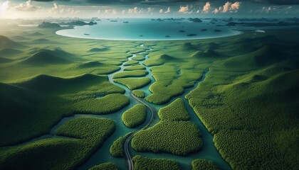 Green mangrove forest, tropical rainforest, aerial view, swamp line