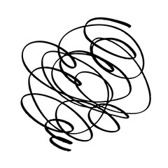 手描きのスパイラル線と混乱の落書き風背景素材（黒・チョーク風・抽象グランジスタイル）ぐちゃぐちゃに絡まった線のイラスト。モヤモヤ、イライラ、ストレス、憂鬱、頭痛、悩みを表すアイコン。