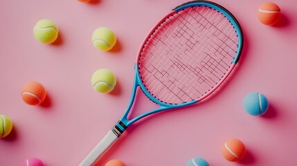 tennis racket with balls scattered on pastel pink surface with playful placement