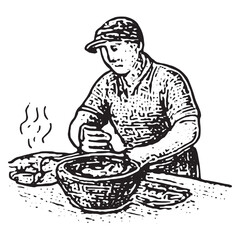 Vintage Black and White Chef Cooking in Kitchen Illustration