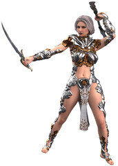3D illustration of a fierce female warrior in elaborate silver and gold armor, wielding a fantasy sword in a dynamic battle stance. A powerful character in a fantasy setting.