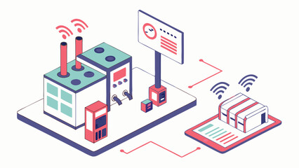 Obraz premium Smart Manufacturing Vector Illustration: Factory Automation Connection & Data Flow in Modern Production Processes
