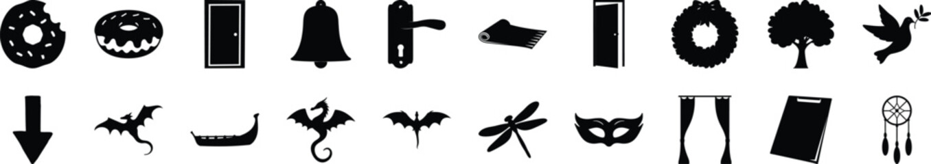 Black Silhouette Icon Set – Donut, Door, Bat, Mask, Tree & More - A collection of black silhouette vector icons featuring a variety of everyday and fantasy-themed elements.