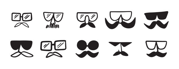 Naklejka na ściany i meble glasses and mustache male funny comic icon doodle hand drawn icon set. Outline drawing line clipart symbol collection