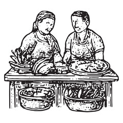Vintage Black and White Couple Preparing Food Illustration