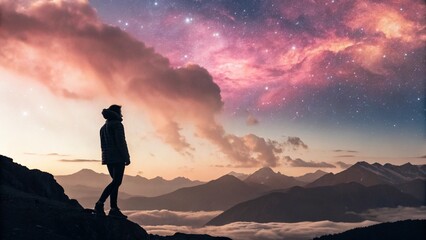 Obraz premium Person silhouetted against a vibrant cosmic sky over mountain peaks