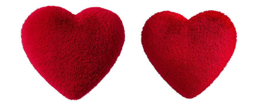 Red fur heart with soft textured surface isolated on white transparent background. Concept of love, romance, and affection