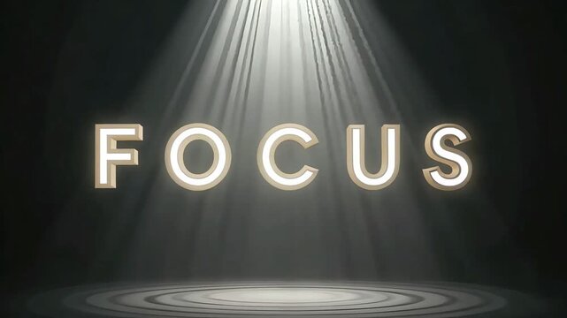 Sharp FOCUS text highlighted by a dramatic spotlight, perfect for motivational videos, productivity content, or cinematic attention grab.