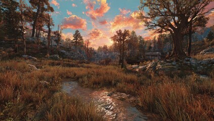 Autumnal forest scene at sunset