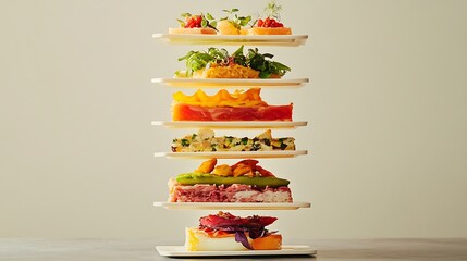 Stack of levitating food trays forming a pyramid of flavors
