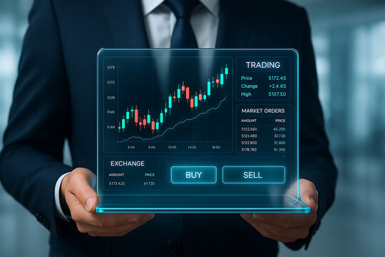 Businessman holding futuristic digital trading interface with candlestick chart, buy and sell buttons, and real-time stock market data visualization - Powered by Adobe