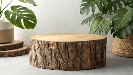 Natural wooden log stool with lush green plants in a bright studio setting