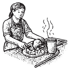 Vintage Black and White Woman Cooking in Kitchen Illustration