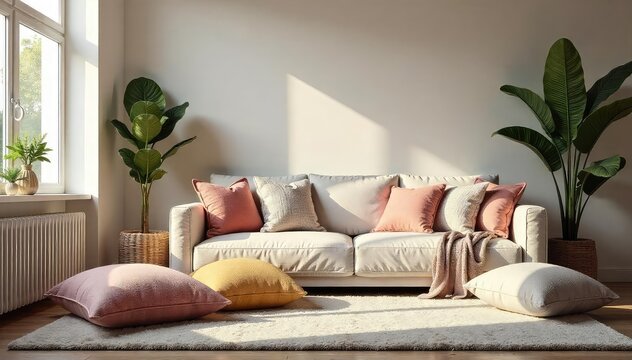 A cozy living room filled with an abundance of plush cushions in various colors and textures, scattered on a comfy sofa and floor Perfect for relaxation and a calming atmosphere , plush, cushions