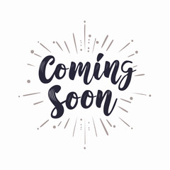 Coming soon ink brush vector lettering. Promotion or announcement banner. Modern vector calligraphy. Black paint lettering isolated on white background.