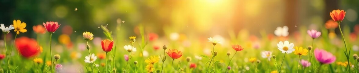 A gentle springtime breeze dances through a field of wildflowers, bending their delicate stems The sun shines brightly, casting a warm glow on the vibrant blossoms and green grass , air, meadow