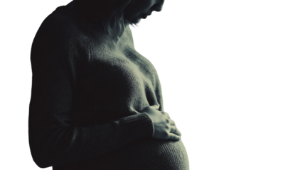 Close-up of a pregnant woman's belly, with her hands resting on her stomach against a white background. The focus hand