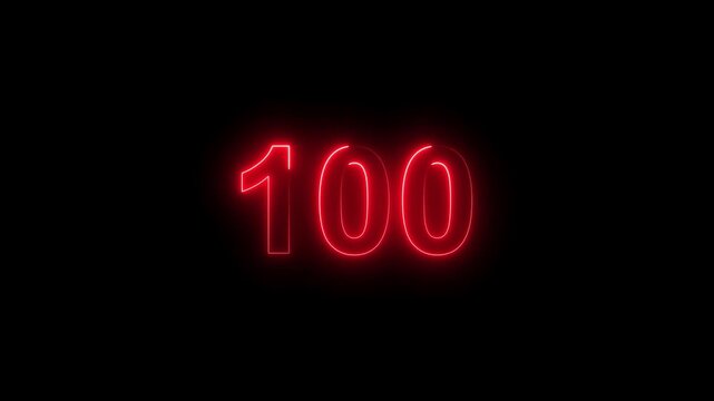 100 number countdown neon bright red color animation. black background 4k video.