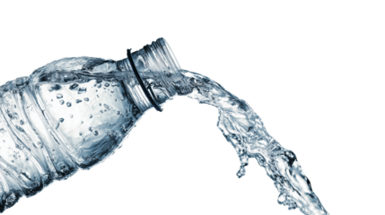 Close-up of water pouring from a plastic bottle, isolated on a white background with a clipping path