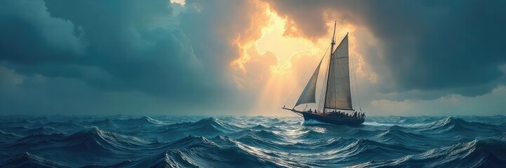 A lone sailboat navigates stormy seas, its sails full, heading towards a calm harbor Hope and resilience are embodied in this image of escape and finding safety , relief, survival, refuge