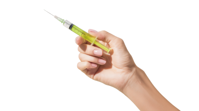 female hand gripping a syringe filled with yellow-green fluid, pointed slightly downward