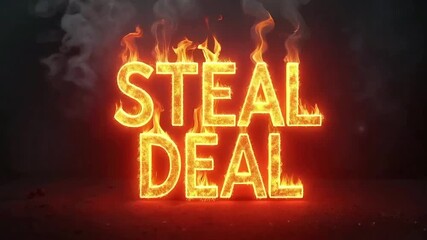 Steal Deal fiery animated video intro with blazing text, ideal for flash sales, hot offers, or urgent promotions that demand attention. - Powered by Adobe