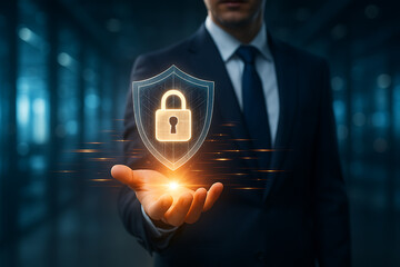 Cybersecurity technology concept with businessman holding glowing padlock shield icon representing data protection, privacy, and secure access
