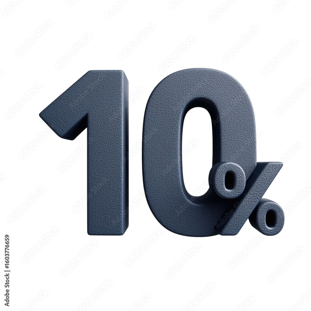 Poster three-dimensional text displaying '10%' in a bold, textured design against a plain background, ideal