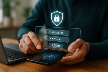 Cybersecurity login interface with username and password form hovering above mobile device, highlighting secure access authentication