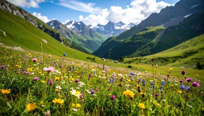 Vibrant alpine meadow with wildflowers and snow-capped mountains under a bright blue sky