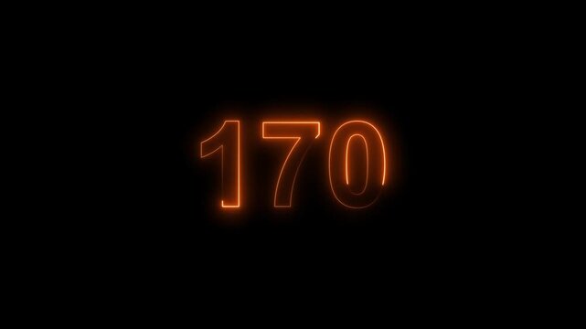 170 number countdown neon bright orange color animation. black background 4k video.