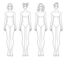 Fashion outline sketch croquis figurines female body with different hairs in vector.