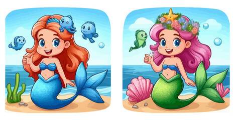 Naklejka premium Illustration of mermaids with fish and shells