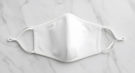 Generic face mask with adjustable straps on a marble background top view. Protective equipment concept against viruses and pollution. Isolated mask on a bright surface.