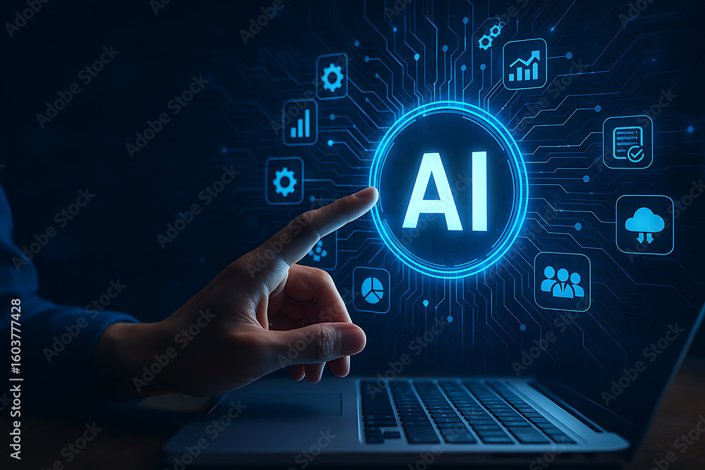 Poster hand interacting with glowing artificial intelligence icon on futuristic interface, concept of digit